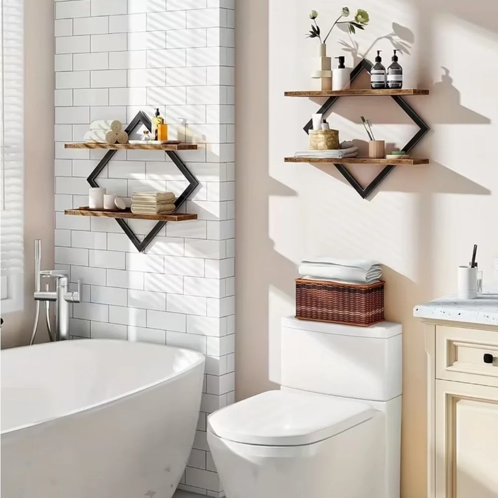 💠 Petite Black and Brown Diamond Floating Wall Shelves – Set of 2 Units